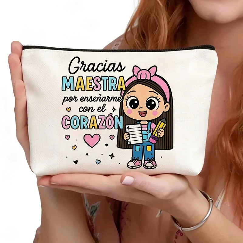 Sac de maquillage double face à thème Maîtresse d'école, idéal pour les enseignants, avec le slogan « Enseigner avec le cœur » et la phrase en espagnol – Cadeau pour professeur de espagnol