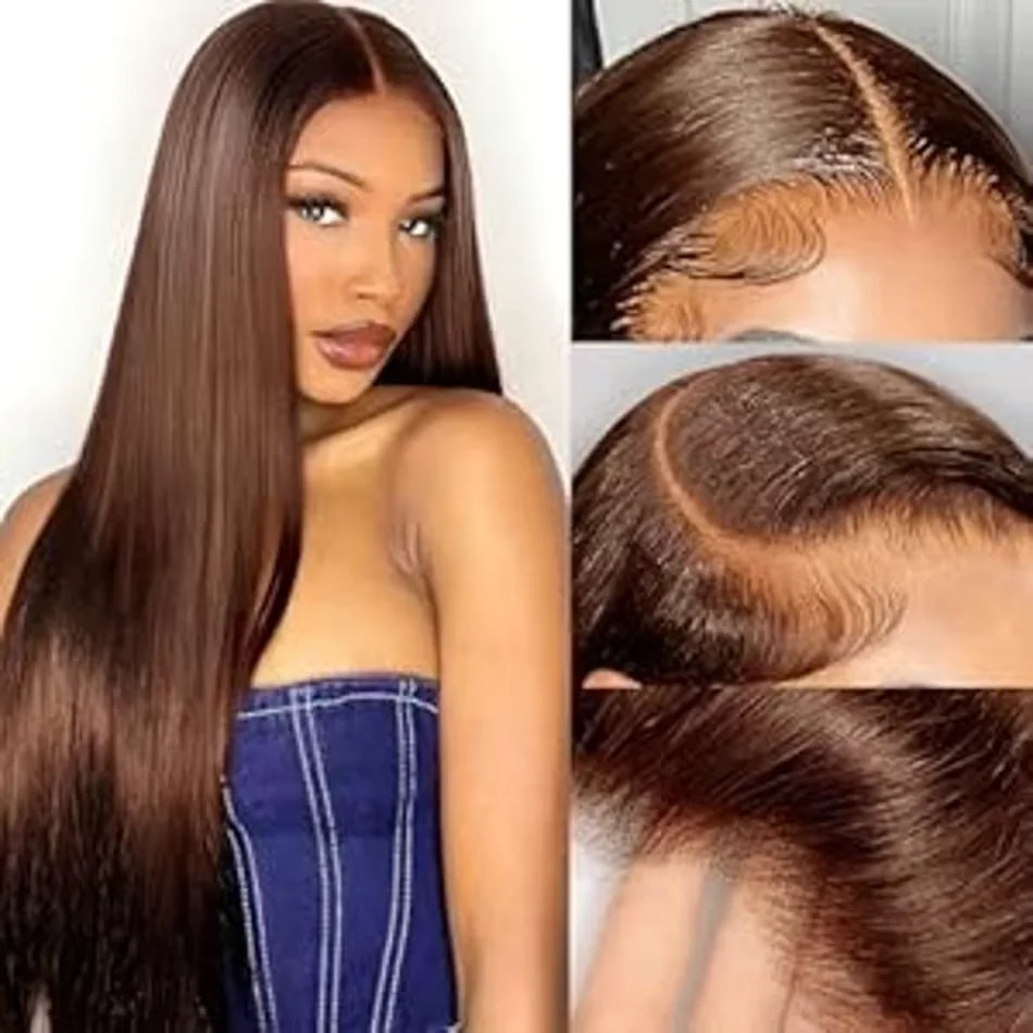 

40 46 Inch #4 Chocolate Brown Colored Straight Full Frontal 13x4 13x6 HD Transparent Lace Front Remy Human Hair Wigs 200 Desnity