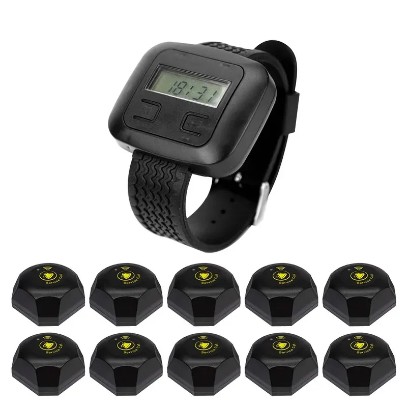 

QWICALL 10Pcs Call Button Transmitters 1Pcs Wrist Watch Pager Wireless Calling System Service for Restaurant Hotel Cafe Bar