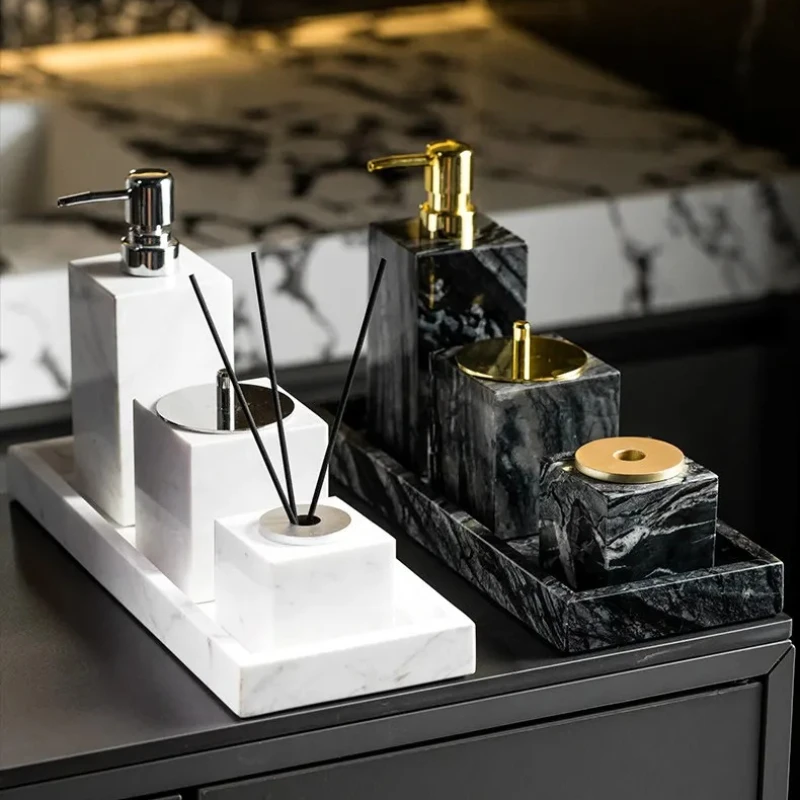 Luxury Aroma Diffuser & Soap Dispenser Set with Marble Tray, Bathroom Vanity Organizer for Modern Home and Hotel Decor