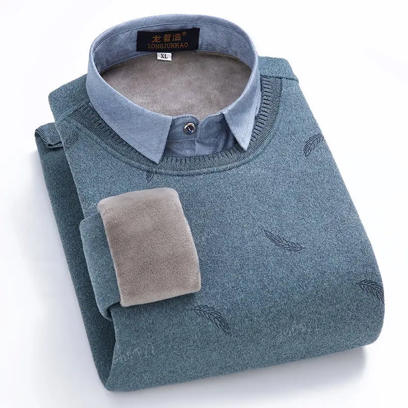 Suéter de cuello de camisa de felpa gruesa para hombre, suéter de punto falso, Delgado, cálido, nuevo