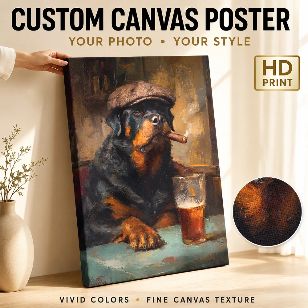 Rottweiler with Cigar and Beer Painting Framed Canvas Print Poster Customized Photo Modern Aesthetic Wall Art for Office Decor