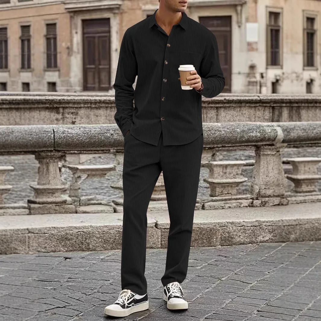 2025 new corduroy men's spring and autumn casual collar button up shirt long sleeved pants set
