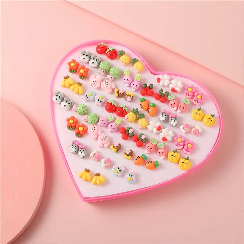 36Pairs/lot Random Cute Romantic Hypoallergenic Resin Stud Earrings Set For Women Girls Multicolor Fruit Flower Ear Gifts