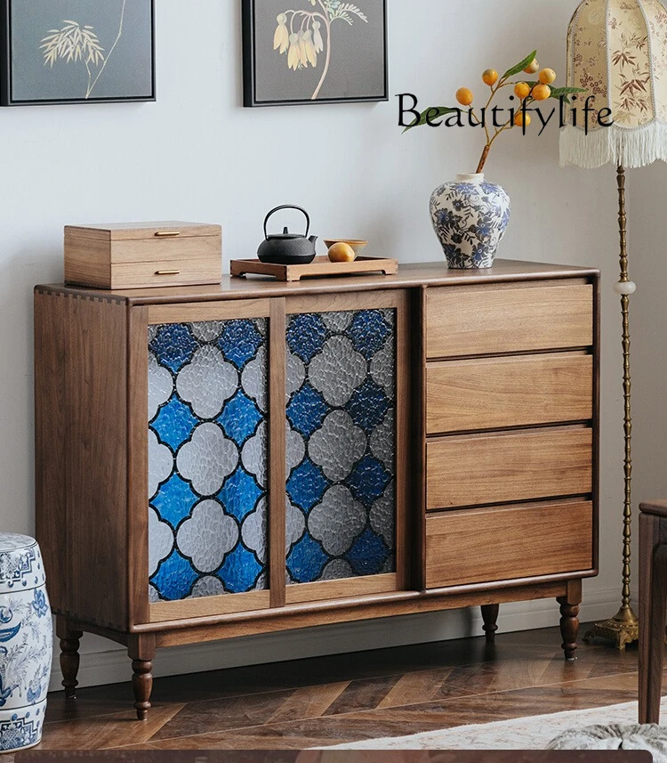 

Side cabinet integrated against the wall retro black walnut solid wood living room dining room storage designer
