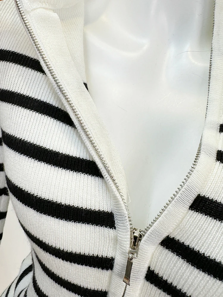 Autumn Winter Woman Old Money Vintage Y2k Striped Cardigan Sweater Long Sleeve Knitwears Chic Pullovers Stand Collar Thick Slim