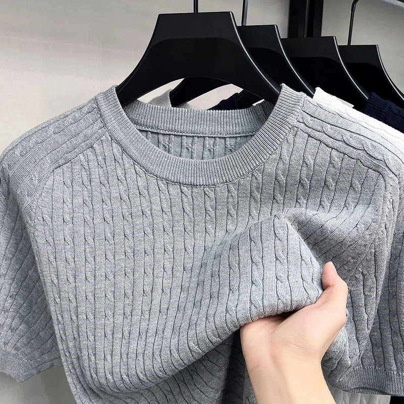 Hochwertiges Designer-Marken-T-Shirt mit kurzen Ärmeln gestrickt einfarbig bequem atmungsaktiv für Herren koreanischer Casual-Stil weiches Mode-Oberteil für den Sommer