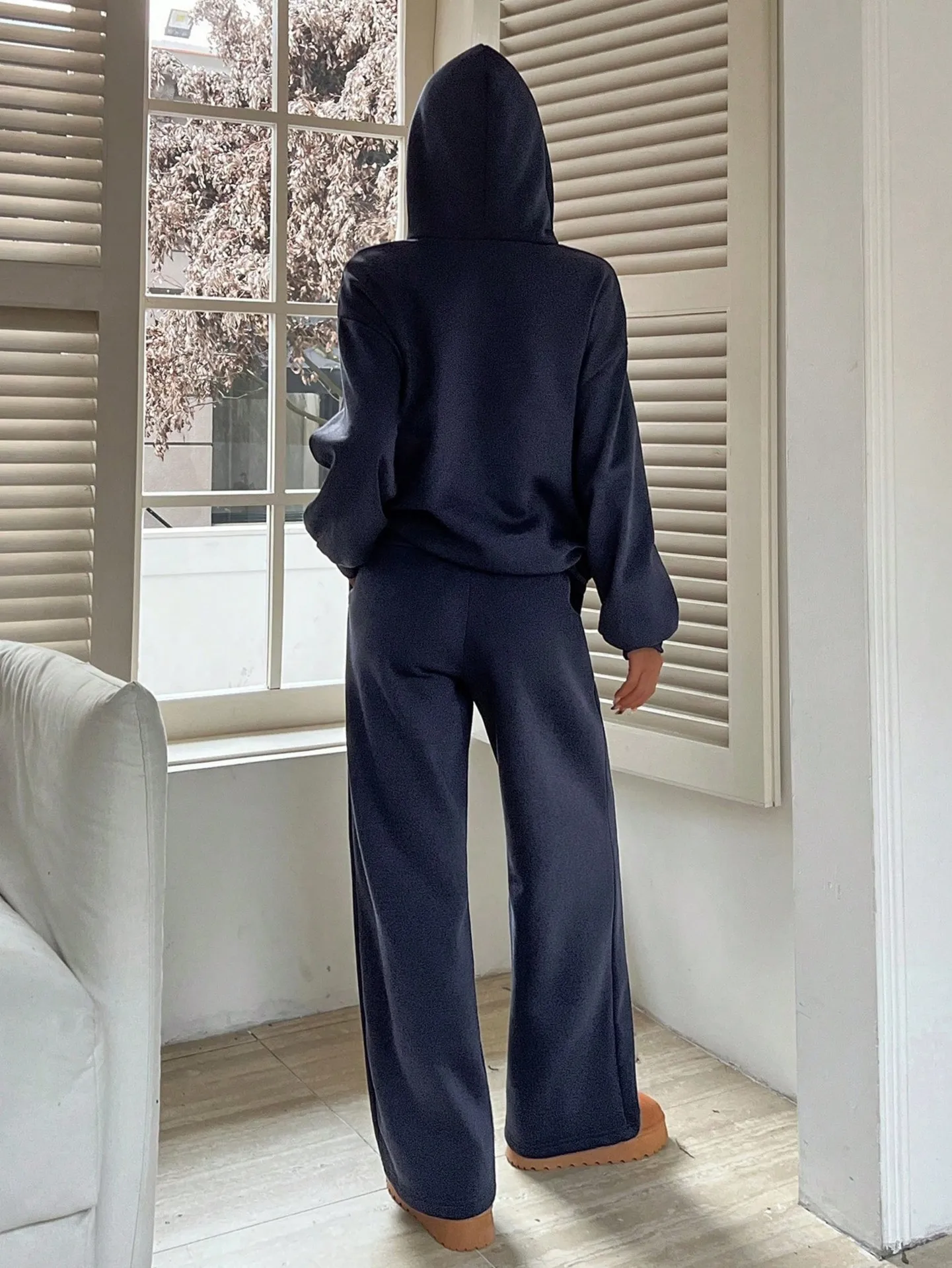 Women's Casual Letter Print Hooded Sweatshirt Set Long Sleeve Drawstring Hoodie Wide Leg Pants 2-Piece Tracksuit Outfit view 2