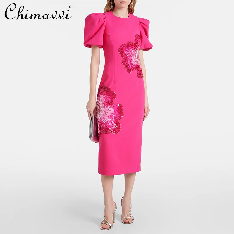 

French Elegant Heavy Industry Beading Sequin 3D Flower Round Neck Puff Short Sleeve High Waist Slim Fit Long Evening Dress Women