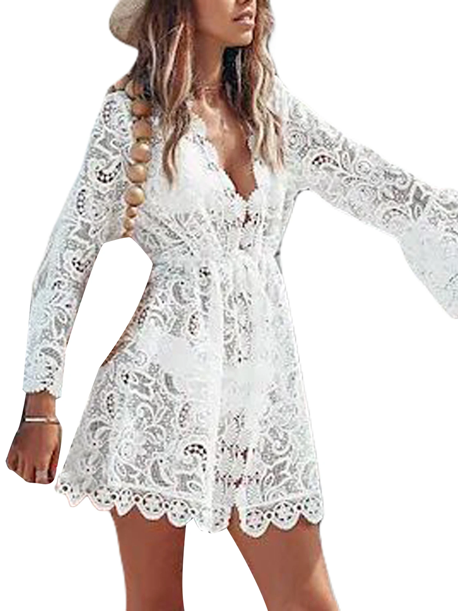 Women s Sexy Lace Hollow Crochet Bikini Cover-ups Floral Print Mini Dress Beachwear