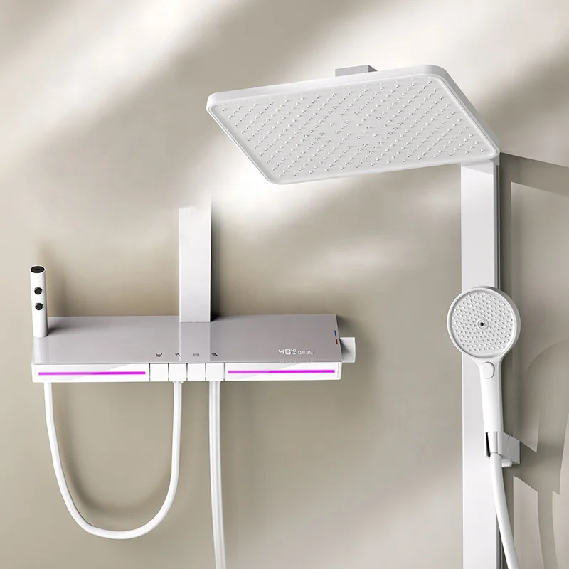 4-Function Rainfall Shower System Single Handle Ceramic Valve Core Temperature Display Pause Massage Spray Piano Key Design