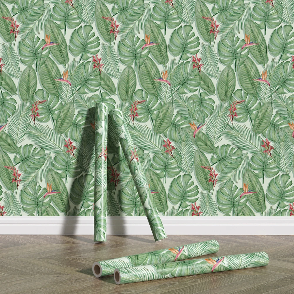 Green Leaf PVC Wallpaper Home Decor Waterproof Botanical Peel And Stick Room Wall Stickers Retro Self-adhesive Vinyl Wallpaper