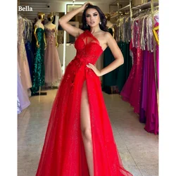 Bella Customized Red Beaded Slanted Shoulders robes de soirée Side Slit Strapless Party Dresses Floor-Length Prom Dress 2024