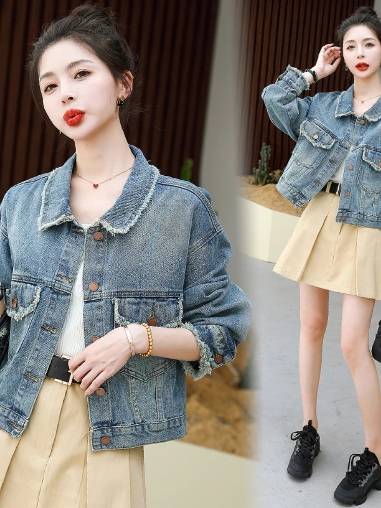 

Женский джинсовый джинсовый топ в американском стиле ретро, весна-осень 2023, новый высококачественный топ Small irt Long Sve Top