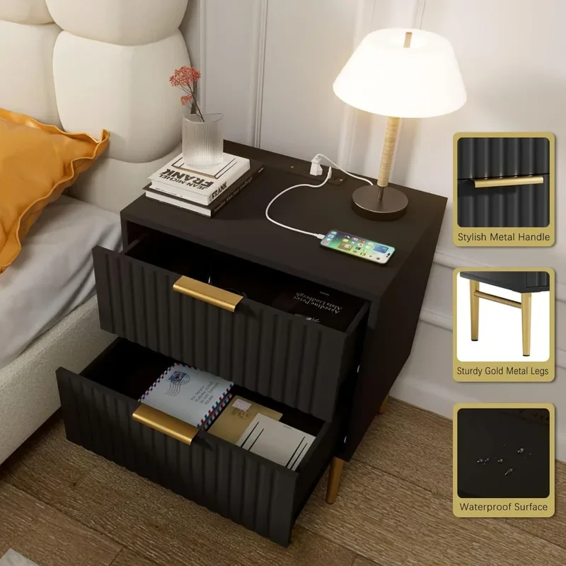 Black Nightstand Set of 2 with Charging Station, Fluted Nightstand with Drawers, Modern Bedside Table with Gold Legs, End Table