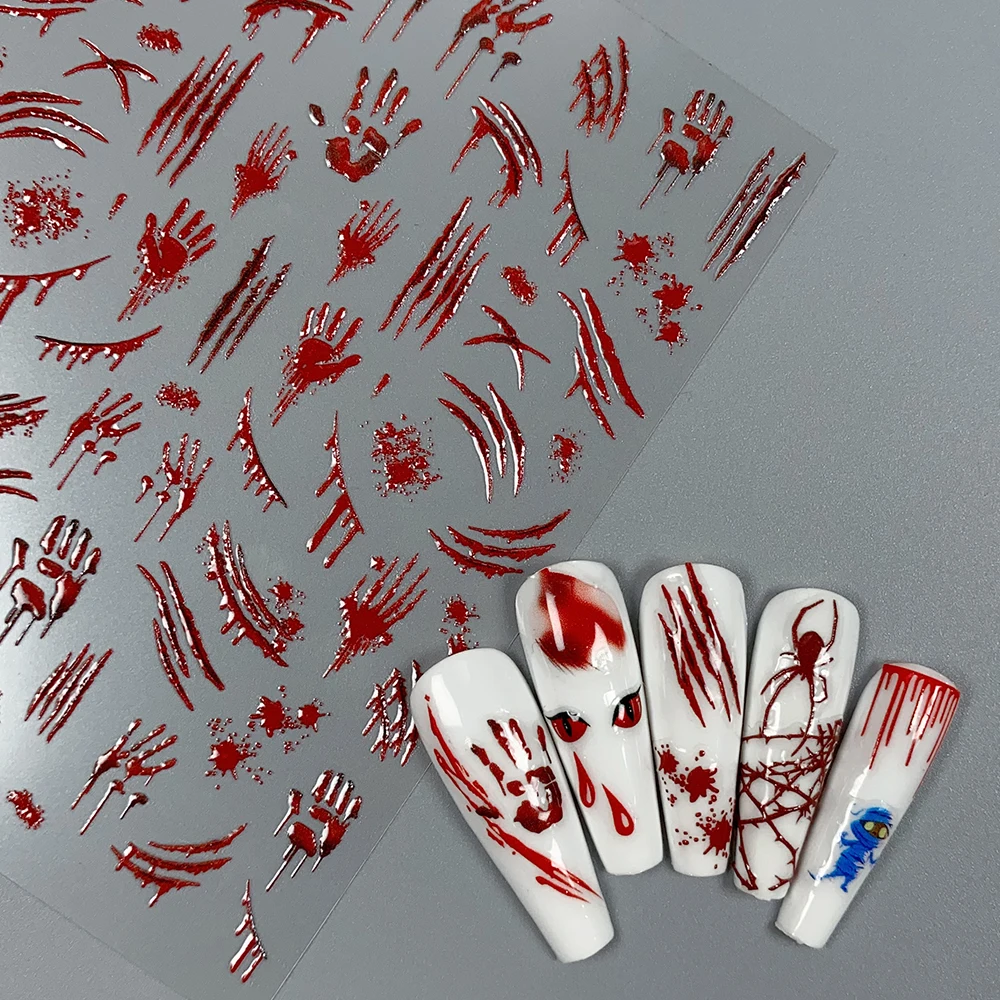 Naklejki na paznokcie 5D na Halloween Dynia Duch Czaszka Czerwona Krew Ręka Szkielet Wzory Naklejki na Paznokcie Horror Oko Dekoracje Paznokci