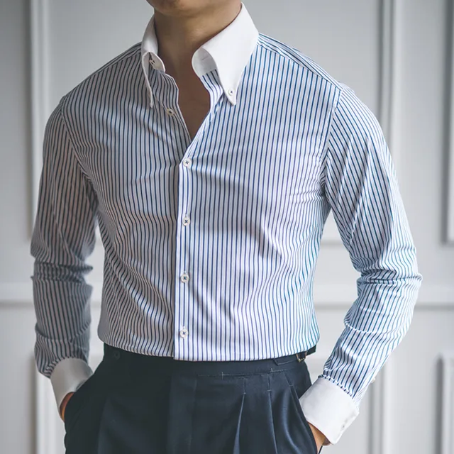 Casualowa koszula w paski koszula retro sukienka Camisa Masculina Social 2022 kontrastowy kolor brytyjski styl męska koszula w paski z długim rękawem