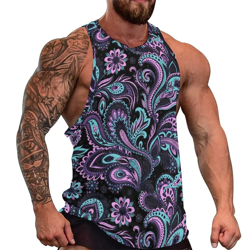 Harajuku 3D Printed Indian-Religion Spiritual Totem Paisley Tank Top Ancient Babylon Paisley Graphic Tank Top For Men Gym Vest