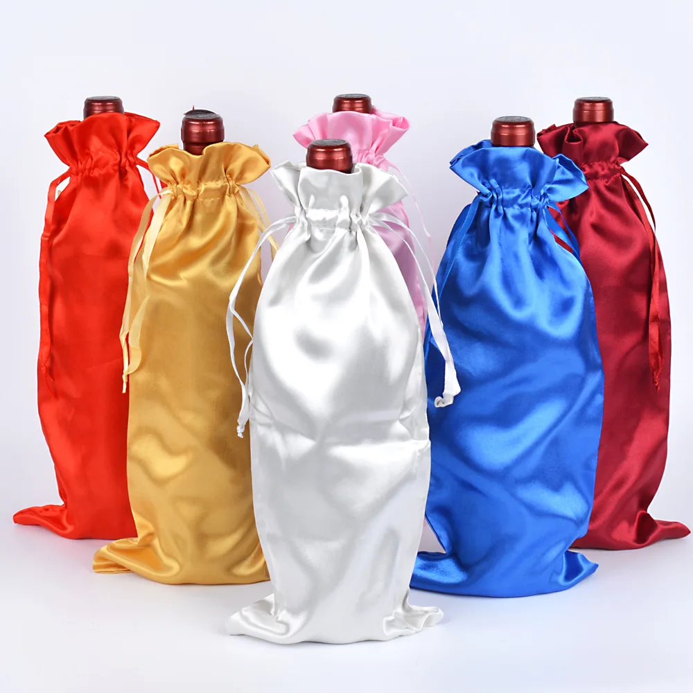 10pcs/lot 15x35cm Satin String Pouch Drawstring Bags Wine Bottle Packaging Bag Wedding Party Christmas Decor