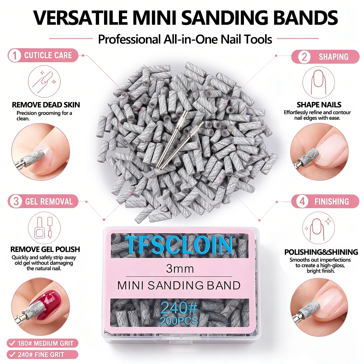 TFSCLOIN 3mm 200Pcs Mini Nail Sanding Bands Set with 2 Mandrels, 80/120/180/240 Grit Nail Drill Bits for Manicure Gel Remover view 3