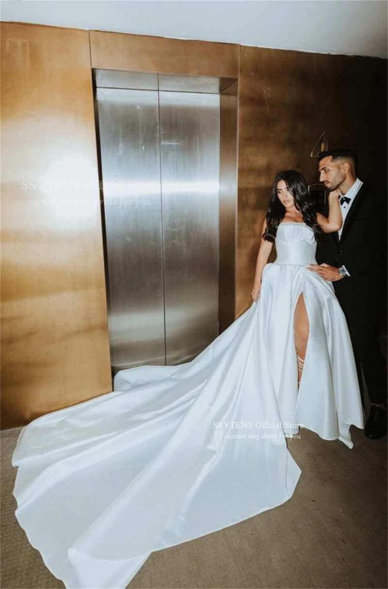 SSYTENS Minimalism White Wedding Dresses Sexy High Slit Soft Satin Vestido De Novia Boda Strapless Civil Customized Bridal Gowns