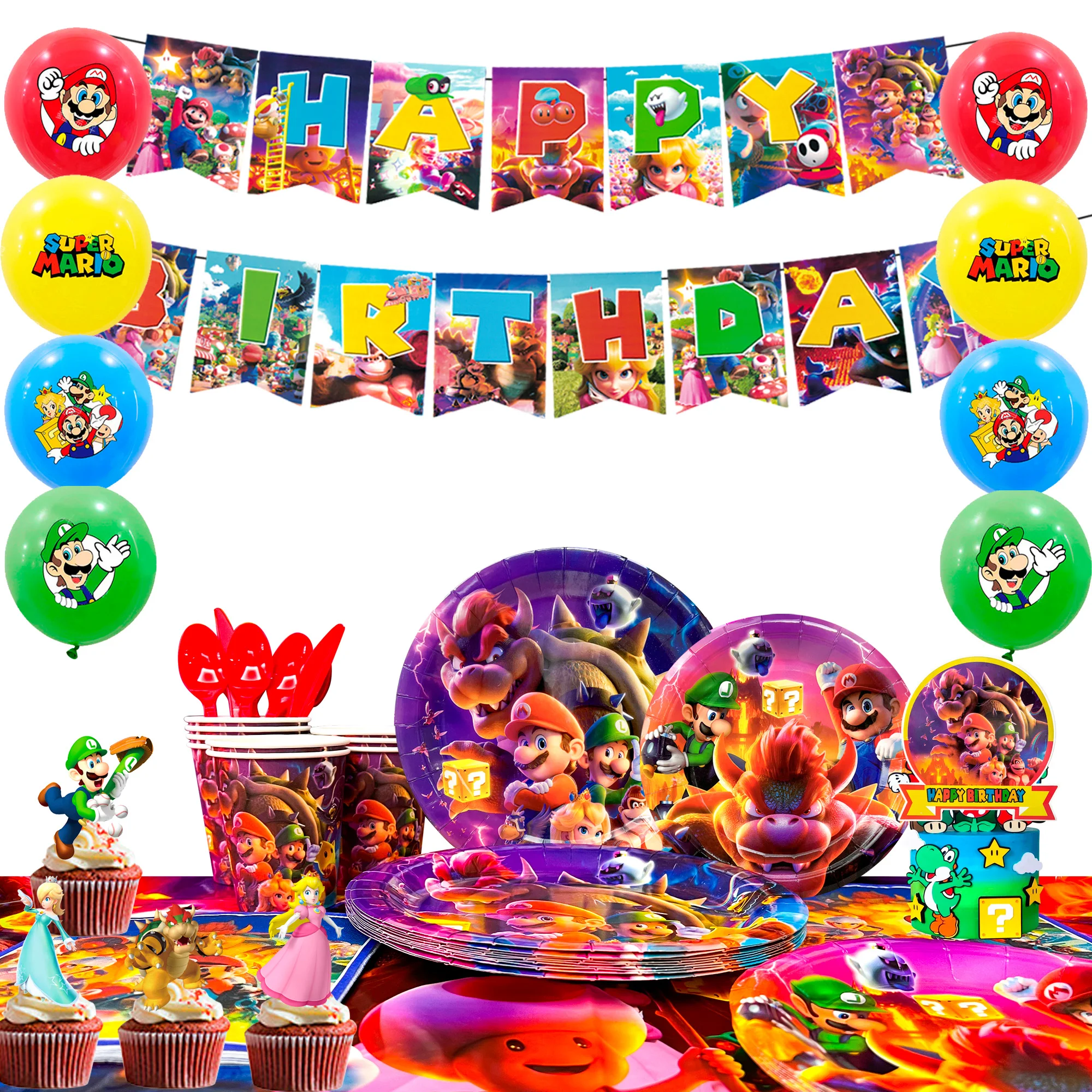 112pcs Birthday Decorations & Tableware Set - Balloons Banner Backdrop & Party Table Cloth Plates Cups etc Birthday Party