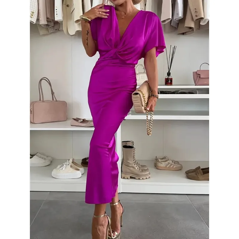 

Women V-neck Short Sleeved Elegant Mini Dress 2025 Summer Sexy Tight Fitting Hip Hugging Skirt Club Party Fashion Women Clothing