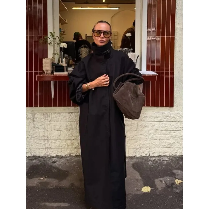 

Black Stand Collar Long Windbreaker Women Fashion Full Sleeve Single-breasted Loose Trench Coat Lady Autumn High Street Outwear