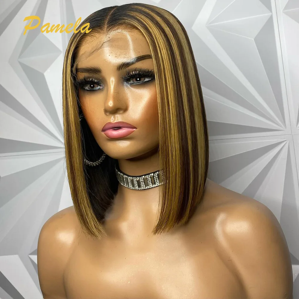 

250 Плотность Короткий Медовый Блондин Ombre 1b 27 Цветной Парик Bone Straight Bob 13x4 Парик из натуральных волос на кружеве спереди Бесклеевой парик Готов к ношению