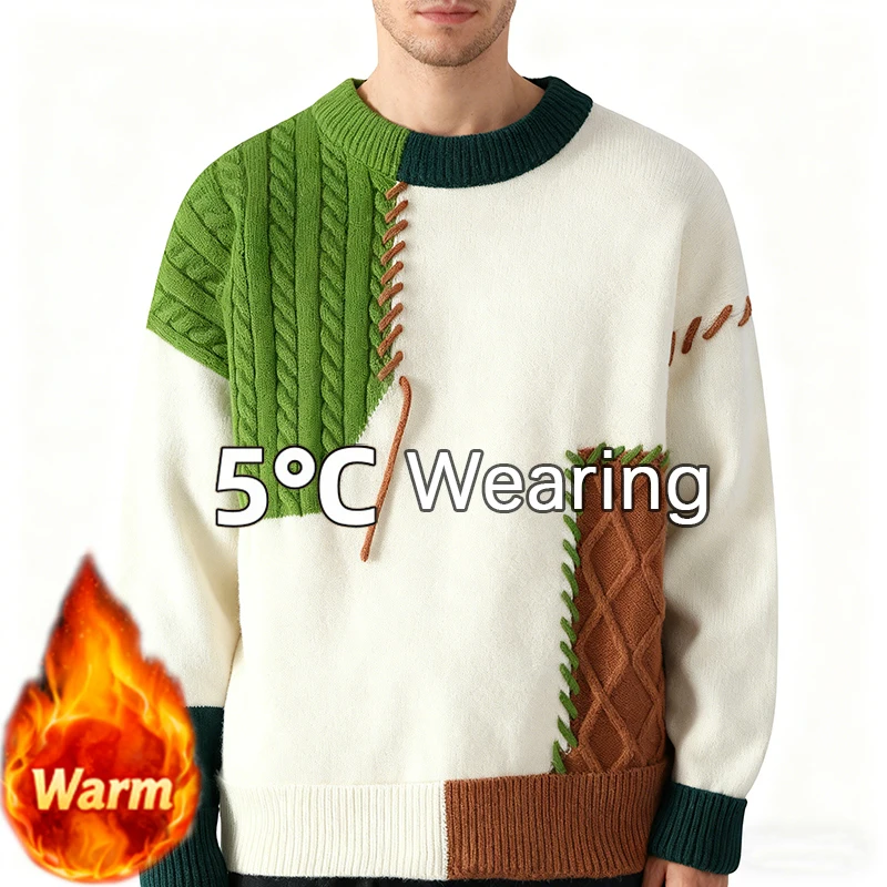 Mens Casual Knitted Sweater Warm Japanese Unisex Patchwork Pullovers Womens Winter Warmth Sweater Lazy Style Crew Neck Pullover