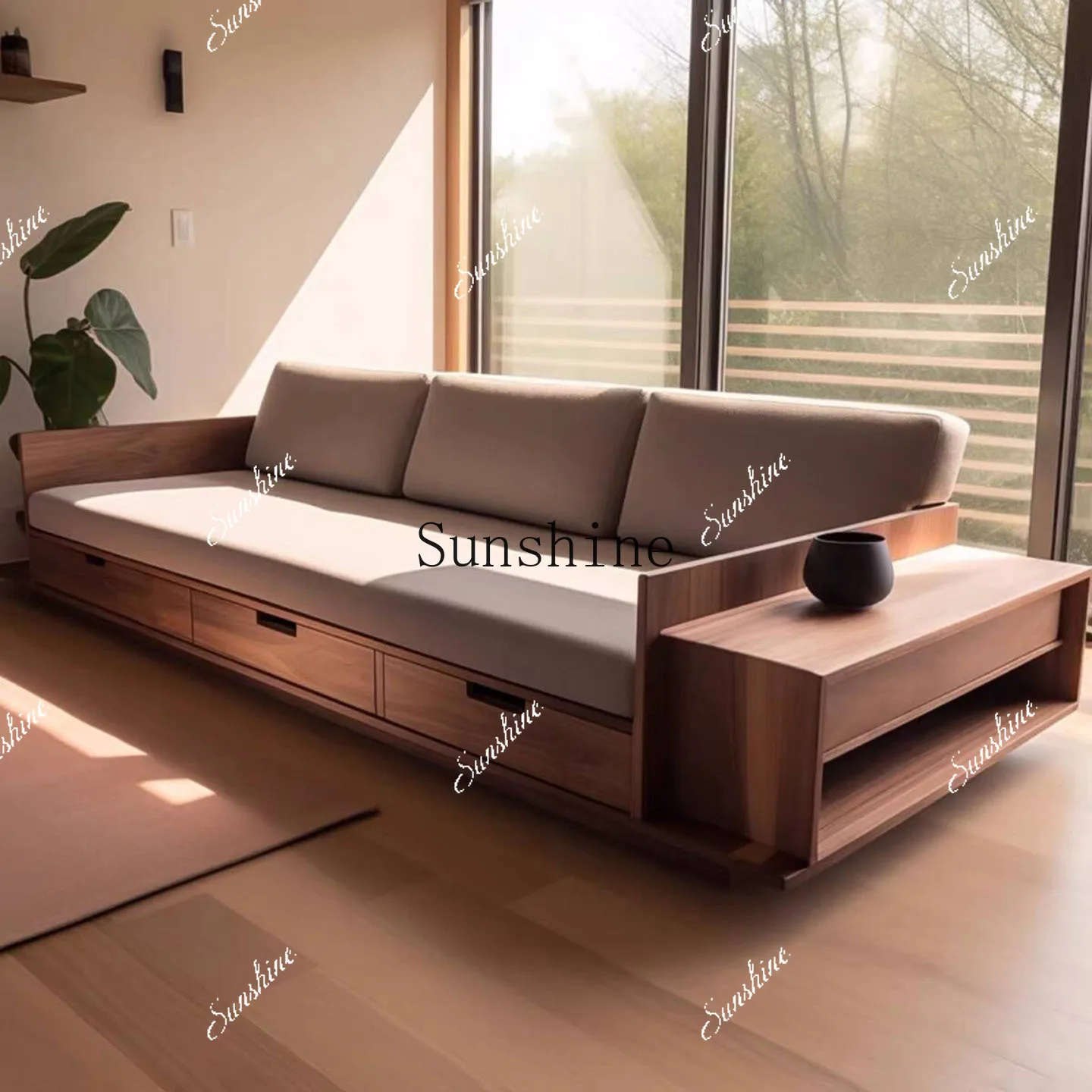 New Chinese-style North American black walnut fabric sofa living room large straight-row sofa  FT