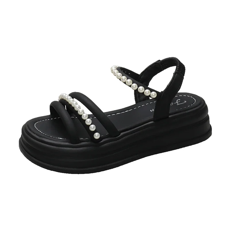 Letnie sandały damskie z okrągłym noskiem Hollow Beach Ladies Shoes String Bead Sandals Platform Shoes for Women Pearl College Sandals