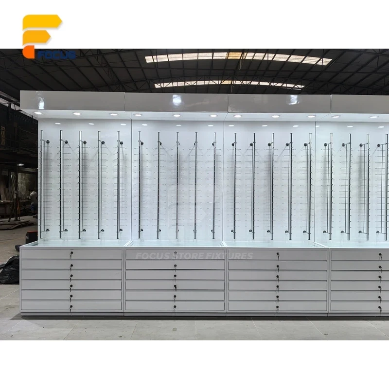 custom.Modern retail mixed-material display stand, shop layout design, eyeglass display stand