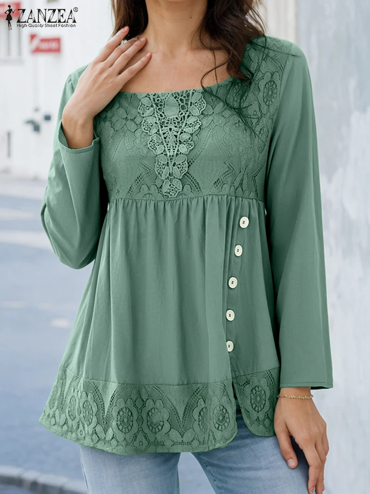 ZANZEA Fashion Women Lace Patchwork Shirts Streetwear Tops Tee Casual Long Sleeve Blouses Autumn Button Blusas Tunic Oversized