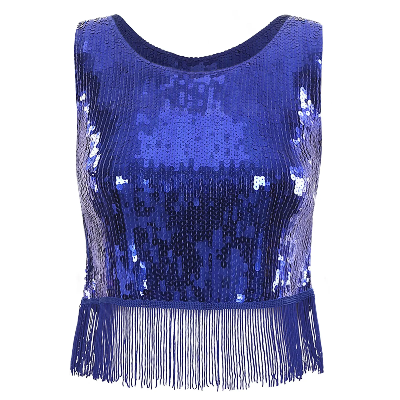 Women Summer Sequin Tassels Cropped Top Rave Party Clubwear Shiny Sleeveless Fringed Vest for Dance Nightclub Stage Performance