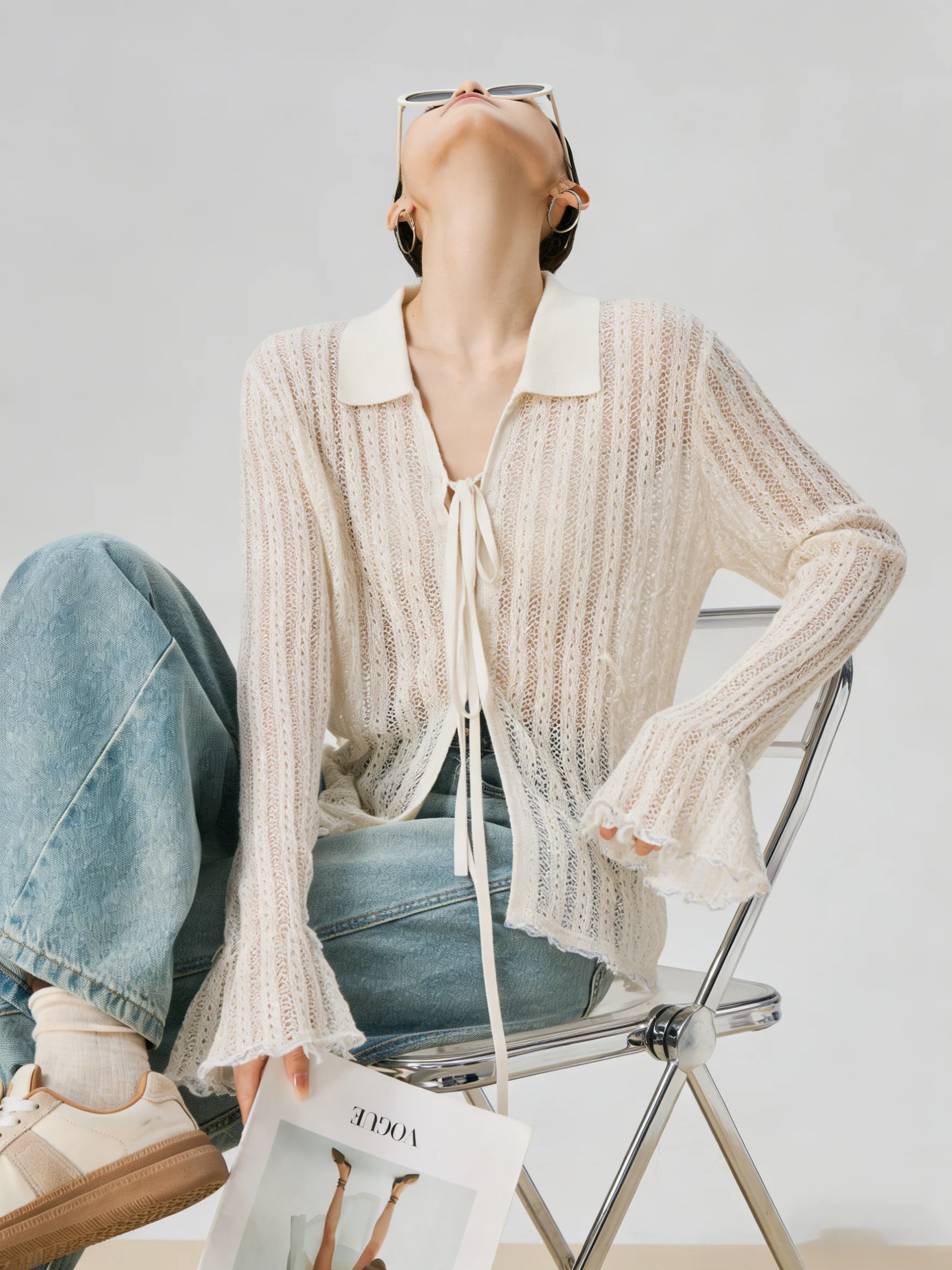 

Элегантный белый ажурный тонкий вязаный топ с длинными рукавами для женщин, в винтажном стиле, повседневный, из смесового полиэстера, новинка весенней коллекции