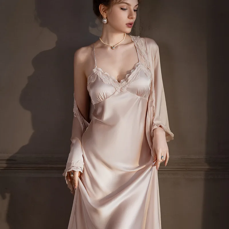 

Bride Wedding Gift Female Robe Sets Nightwear Women Silky Satin Long Sleepwear Sexy Lace Nightgown Kimono Bathrobe Gown