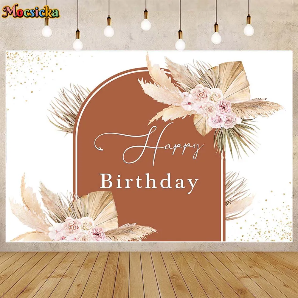 Mocsicka البوهيمي عيد ميلاد خلفية التصوير Pampas العشب بوهو الزهور الطفل الطفل حفلة عيد ميلاد خلفية ديكور اسم مخصص