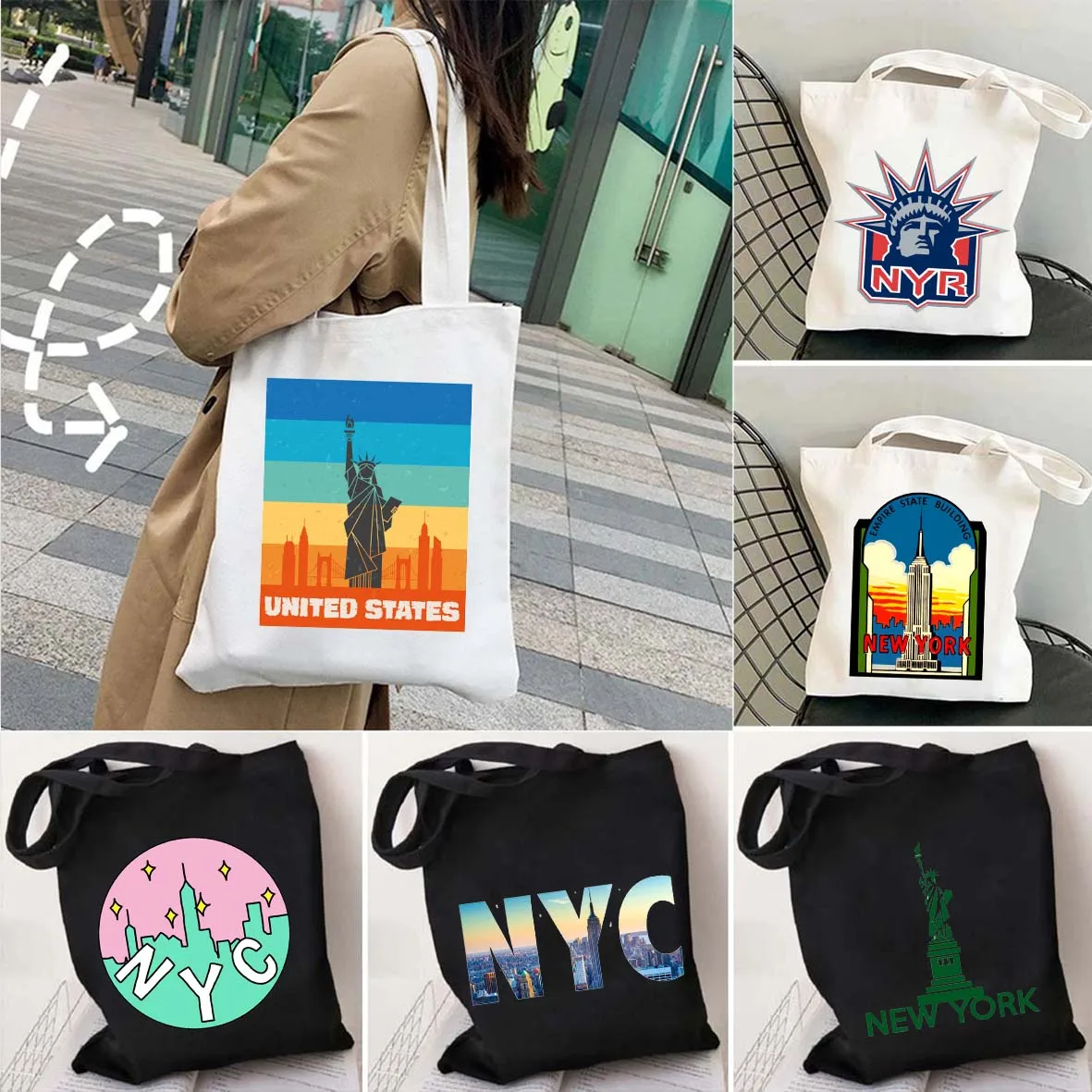 

Retro New York City N Y C Empire State Statue of Liberty Architecture Shoulder Canvas Tote Bag Harajuku Shopping Shopper Handbag