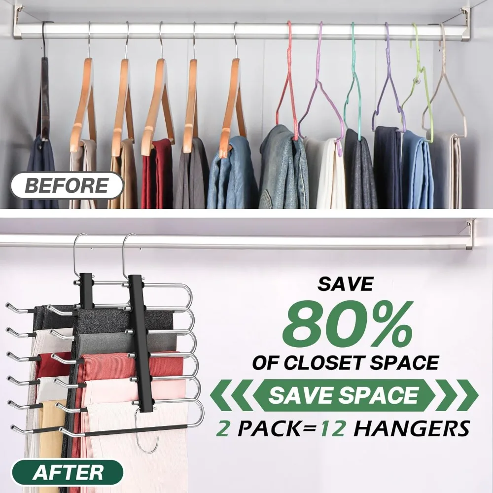 Pants Hangers Space Saving - 4 Pack 6 Tier Open Ended Pants Hangers for Men Women, Non Slip Black Hangers for Pants, Jean