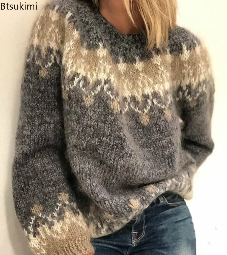 Pull Jacquard Confortable et Doux à Manches sulfet Col Rond pour Femme, Chandail Chaud en Mohair, Collection Automne-Hiver 2024