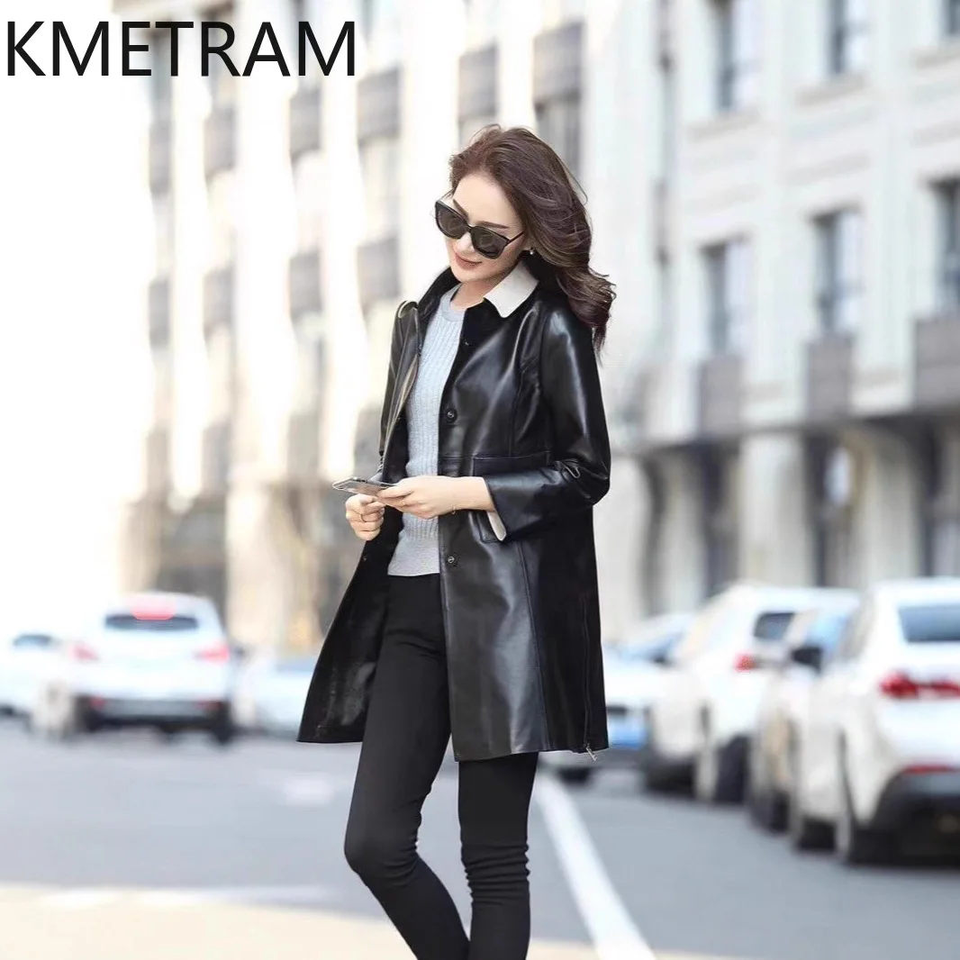

KMETRAM Real Sheepskin Leather Jacket Woman Mid-Length Trench Coat Detachable Shirt Collar Jackets Autumn Women Clothing 2026 코트