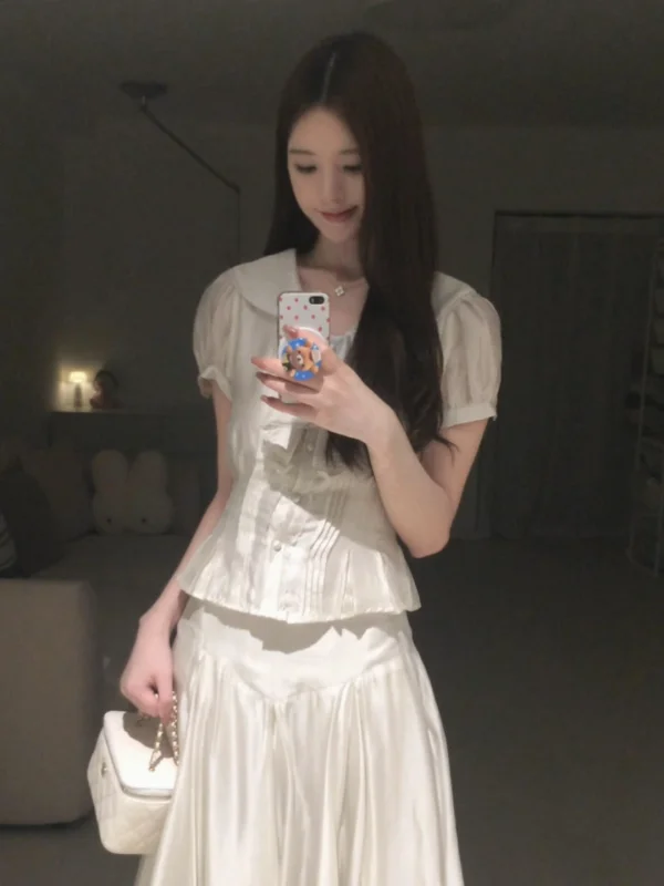 

Sweet Beautiful Doll Collar Ruffle Hem Waist Cinched Shirt Women's Fashion Set Casual Style Polyester Fiber Short Sleeve