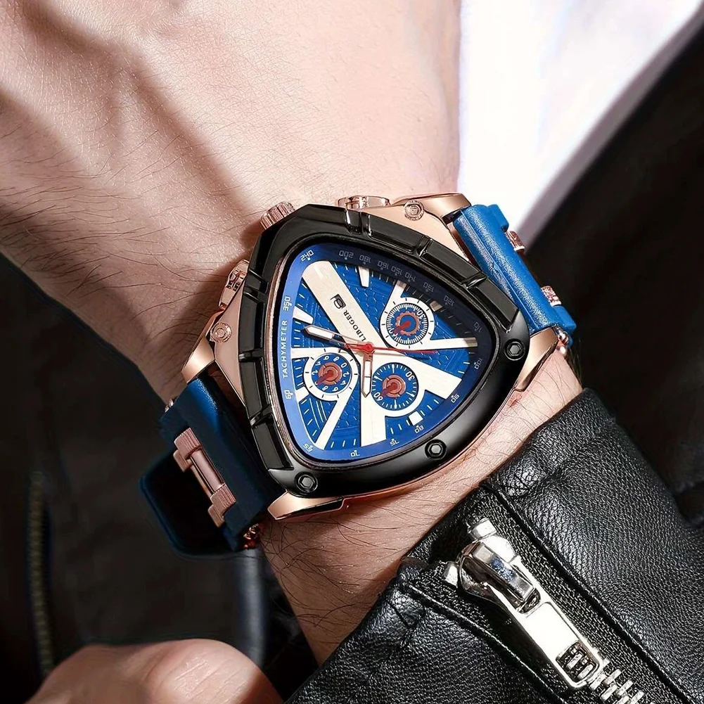 For Men Unique Sports Quartz Watch Polygonal Three-Eye Dial Silicone Strap Auto Date Casual Wristwatch Gifts
