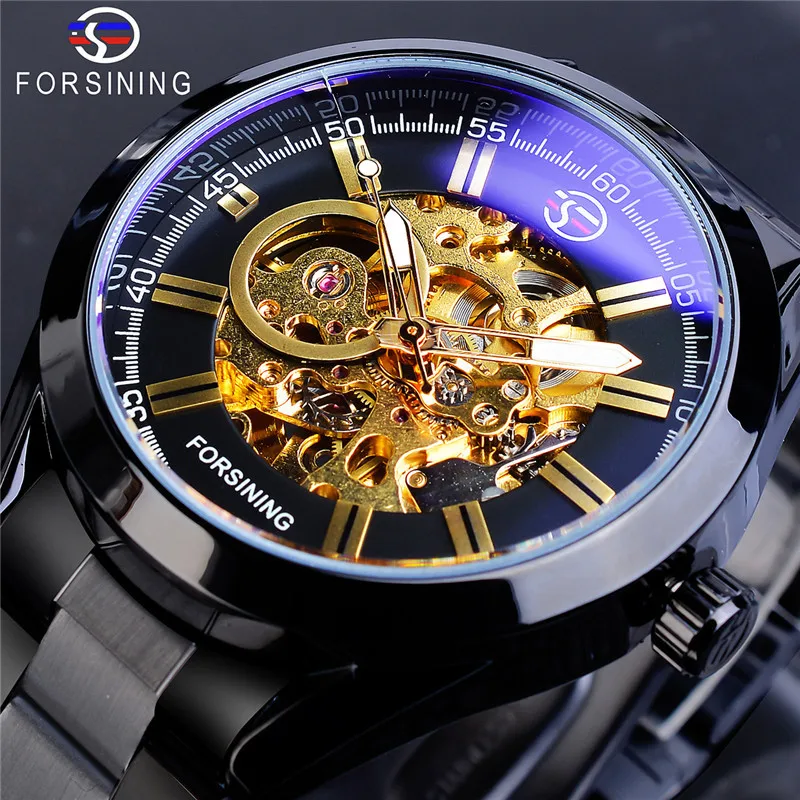 Fashion Forsining Top Brand Men Casual Hollowed Out Blue Glass Waterproof Automatic Mechanical Full Black Stainless Steel Watch