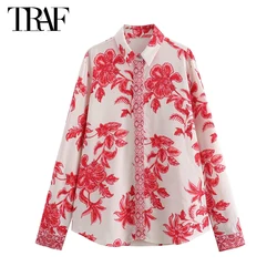 TRAF 2024 Print Shirts for Women Boho Button up Shirt Woman Summer Holiday Blouse Female Long Sleeve Shirts and Blouses Women