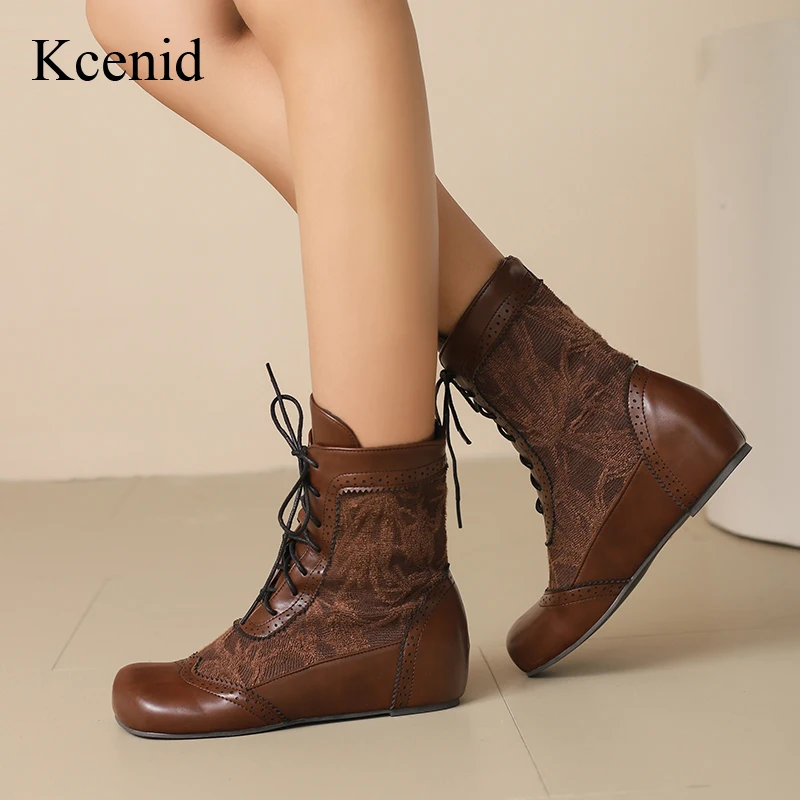 

Kcenid модные современные ботинки на шнуровке, женские зимние элегантные ботильоны с круглым носком, увеличивающие рост, для женщин, большой размер 34-50