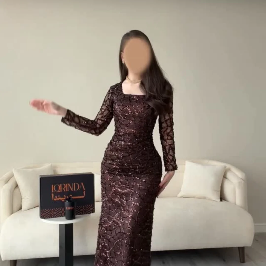 Bella personalizado Chocolate marrón cuello cuadrado largo encaje lentejuelas vestido de fiesta ajustado vestidos de fiesta hasta el suelo elegante vestido Formal