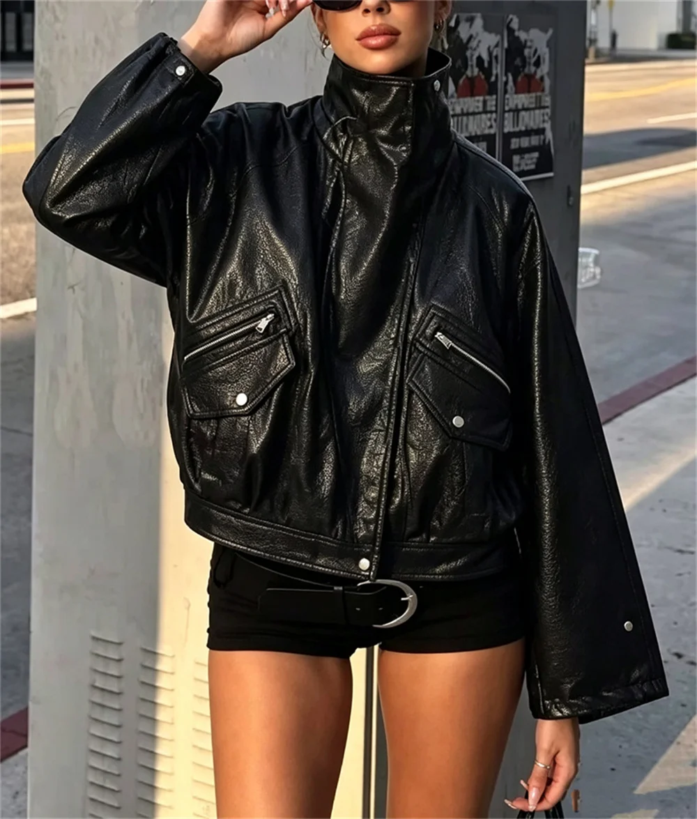 Guobioziy Women's Jacket 2026 Fall/Winter New Fashion Long-Sleeve Stand Collar Leather-Effect Pocket Motorcycle-Style Jacket