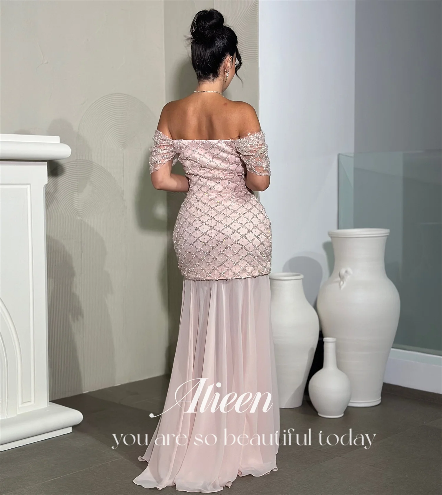 Aileen Off the Shoulders Square Bead Embroidery Pink Mermaid Evening Dresses for Formal Occasions Luxury Wedding Dress Party